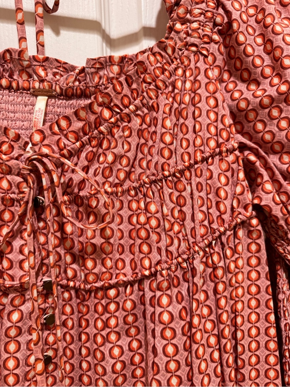 EUC Free People Star Dip Mini Dress Retro Print Pink Orange Puff Sleeve Boho Med